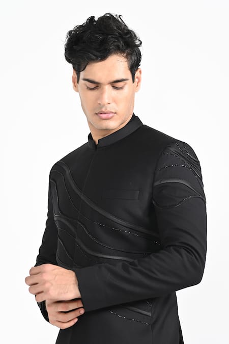 Kalpana Naik_Black Rayon Embroidery, Beads Asymmetrical Waves Pattern Bandhgala With Pant _at_Aza_Fashions