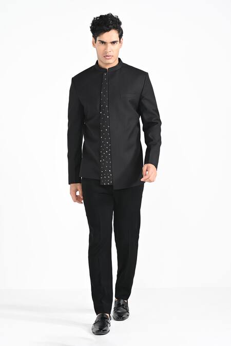 Kalpana Naik_Black Rayon Embroidery Panel Bandhgala With Trouser _Online_at_Aza_Fashions