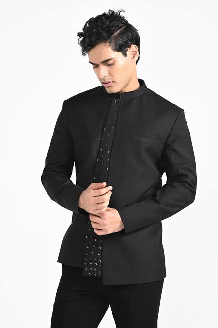 Buy_Kalpana Naik_Black Rayon Embroidery Panel Bandhgala With Trouser _Online_at_Aza_Fashions