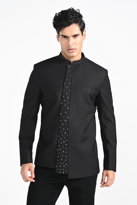 Shop_Kalpana Naik_Black Rayon Embroidery Panel Bandhgala With Trouser _Online_at_Aza_Fashions