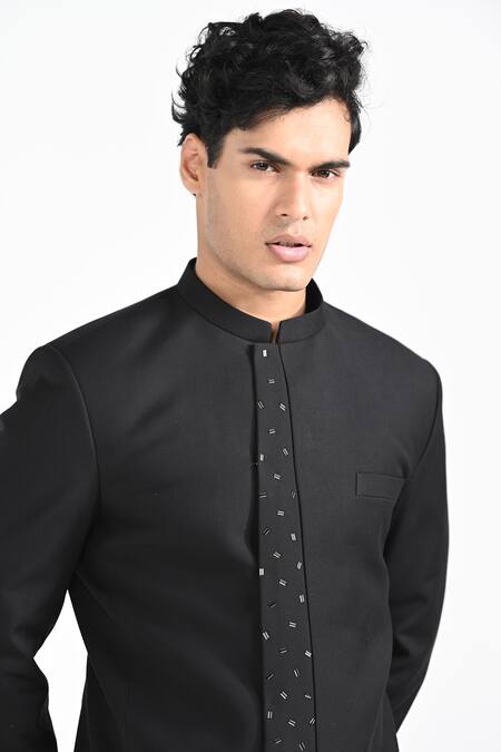 Kalpana Naik_Black Rayon Embroidery Panel Bandhgala With Trouser _at_Aza_Fashions