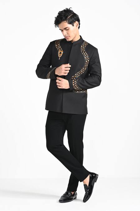 Buy_Kalpana Naik_Black Rayon Embroidery, Beads Serpentine Bandhgala And Trouser Set _Online_at_Aza_Fashions