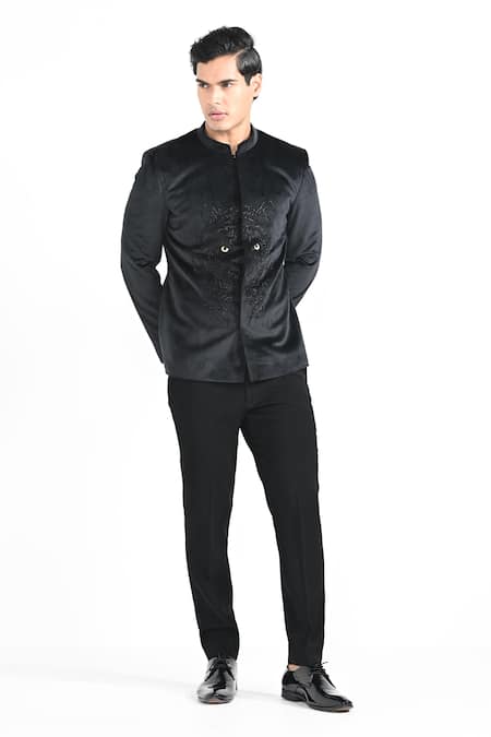 Buy_Kalpana Naik_Black Velvet, Rayon Embroidery, Fiery Tiger Cutdana Bandhgala And Trouser Set _Online_at_Aza_Fashions