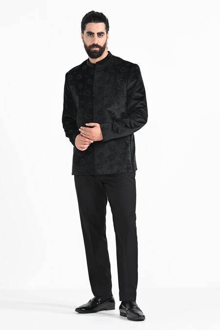 Shop_Kalpana Naik_Black Velvet, Rayon Embroidery, Fiery Tiger Cutdana Bandhgala And Trouser Set _Online_at_Aza_Fashions