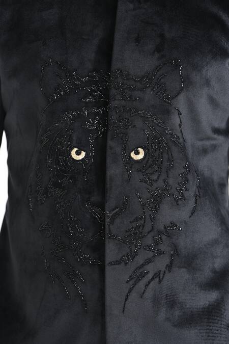 Kalpana Naik_Black Velvet, Rayon Embroidery, Fiery Tiger Cutdana Bandhgala And Trouser Set _at_Aza_Fashions