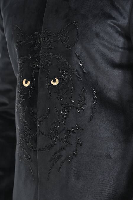 Shop_Kalpana Naik_Black Velvet, Rayon Embroidery, Fiery Tiger Cutdana Bandhgala And Trouser Set 