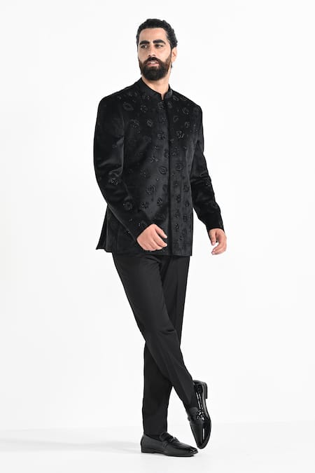Kalpana Naik_Black Velvet, Rayon Embroidery, Beads Panther Bandhgala With Trouser _Online_at_Aza_Fashions