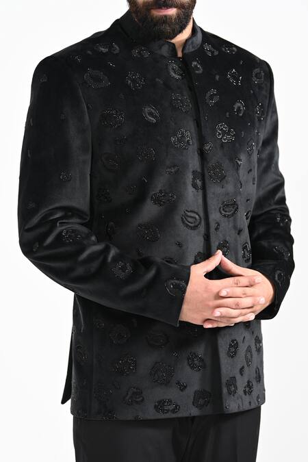 Shop_Kalpana Naik_Black Velvet, Rayon Embroidery, Beads Panther Bandhgala With Trouser _Online_at_Aza_Fashions