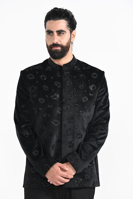 Kalpana Naik_Black Velvet, Rayon Embroidery, Beads Panther Bandhgala With Trouser _at_Aza_Fashions