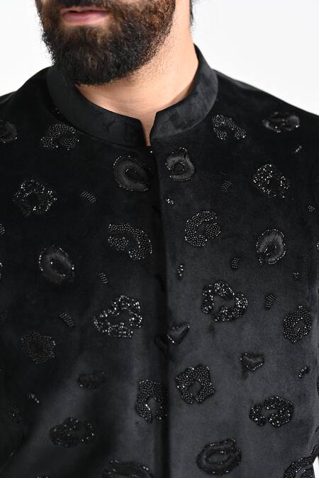 Buy_Kalpana Naik_Black Velvet, Rayon Embroidery, Beads Panther Bandhgala With Trouser 