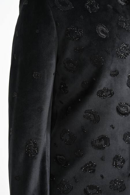 Shop_Kalpana Naik_Black Velvet, Rayon Embroidery, Beads Panther Bandhgala With Trouser 