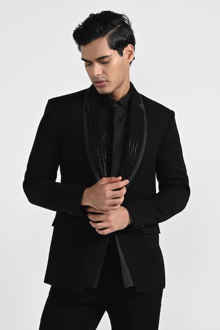 Kalpana Naik_Black Crepe Embroidery Double Lapel Tuxedo Set _Online_at_Aza_Fashions