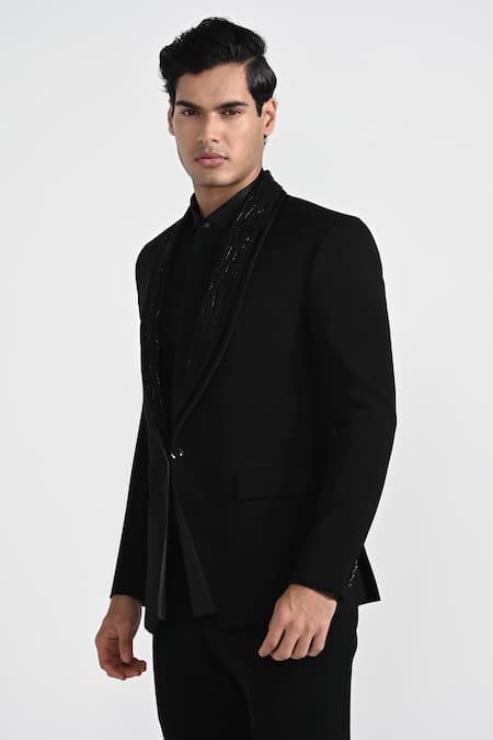 Buy_Kalpana Naik_Black Crepe Embroidery Double Lapel Tuxedo Set _Online_at_Aza_Fashions