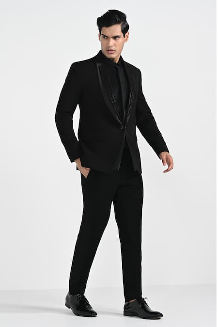 Shop_Kalpana Naik_Black Crepe Embroidery Double Lapel Tuxedo Set _Online_at_Aza_Fashions