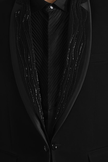 Kalpana Naik_Black Crepe Embroidery Double Lapel Tuxedo Set _at_Aza_Fashions