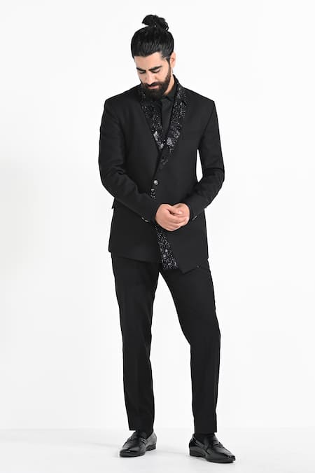 Kalpana Naik Black Asymmetrical Panel Embroidered Tuxedo Set 