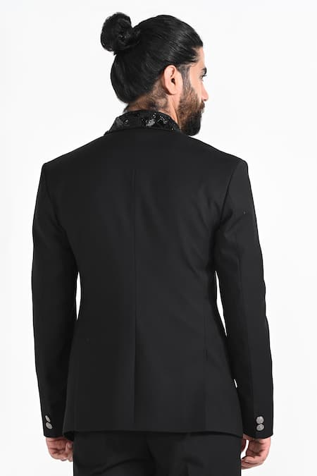 Kalpana Naik_Black Crepe Beads Asymmetrical Panel Embroidered Tuxedo Set _Online_at_Aza_Fashions