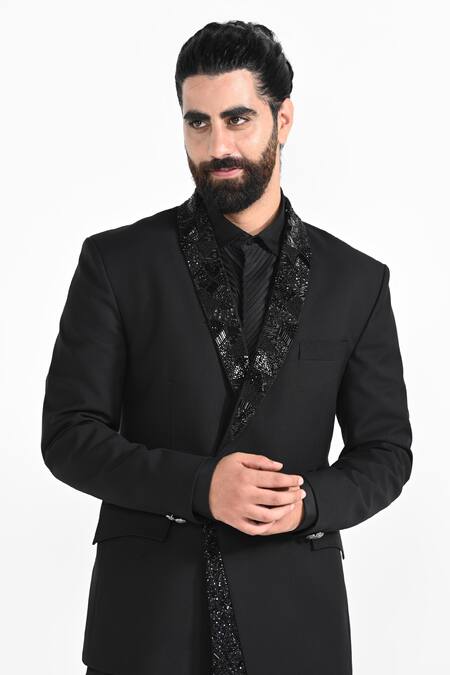 Shop_Kalpana Naik_Black Crepe Beads Asymmetrical Panel Embroidered Tuxedo Set _Online_at_Aza_Fashions