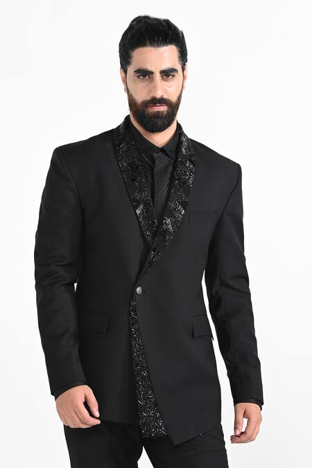 Kalpana Naik_Black Crepe Beads Asymmetrical Panel Embroidered Tuxedo Set _at_Aza_Fashions