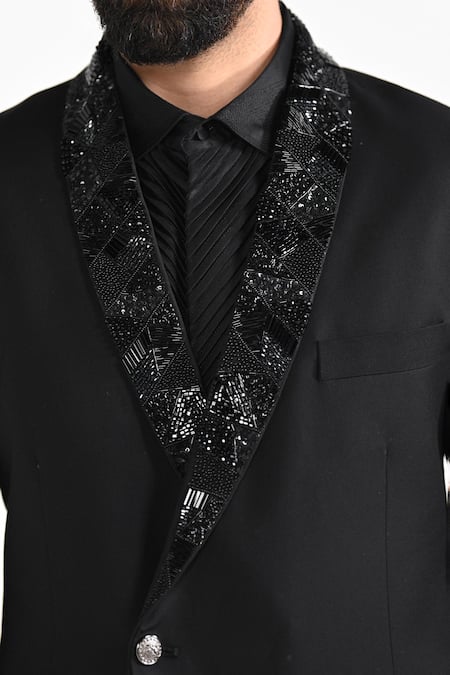 Shop_Kalpana Naik_Black Crepe Beads Asymmetrical Panel Embroidered Tuxedo Set 
