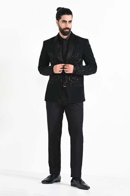 Kalpana Naik_Black Crepe Embroidery Electric Lines Pattern Blazer With Pant _Online_at_Aza_Fashions