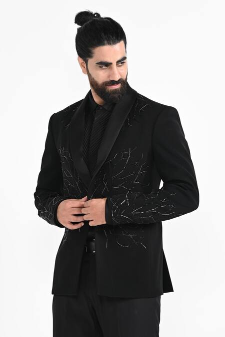 Buy_Kalpana Naik_Black Crepe Embroidery Electric Lines Pattern Blazer With Pant _Online_at_Aza_Fashions