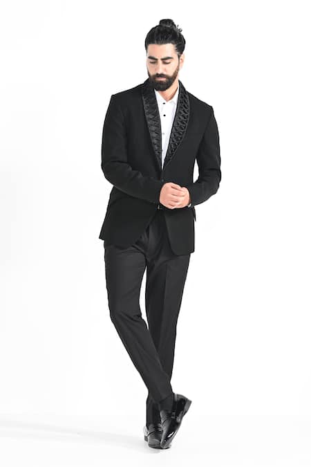 Kalpana Naik_Black Crepe Bow Manipulated Shawl Tuxedo Set _Online_at_Aza_Fashions