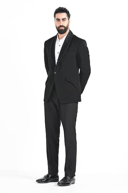 Shop_Kalpana Naik_Black Crepe Bow Manipulated Shawl Tuxedo Set _Online_at_Aza_Fashions