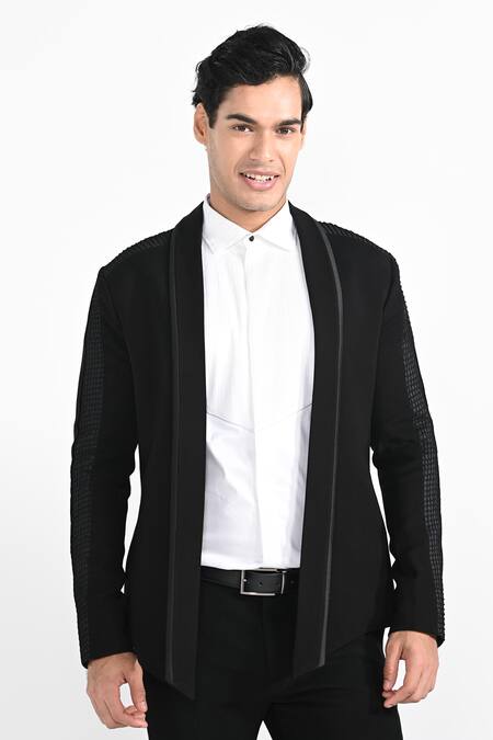 Buy_Kalpana Naik_Black Crepe Pintuck Manipulated Blazer Set _Online_at_Aza_Fashions