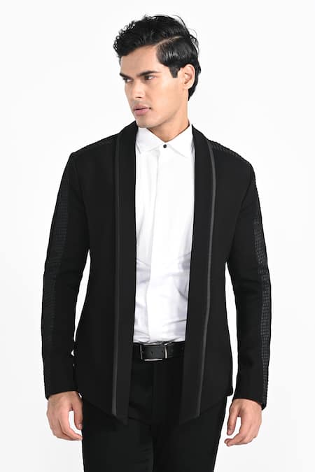 Shop_Kalpana Naik_Black Crepe Pintuck Manipulated Blazer Set _Online_at_Aza_Fashions