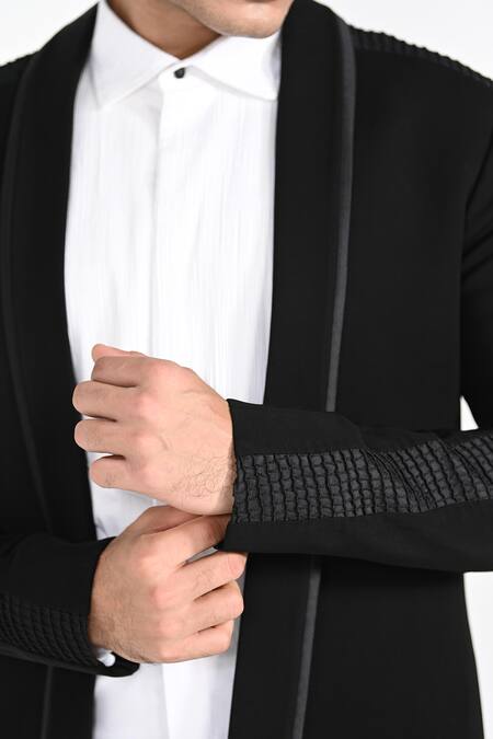 Kalpana Naik_Black Crepe Pintuck Manipulated Blazer Set _at_Aza_Fashions