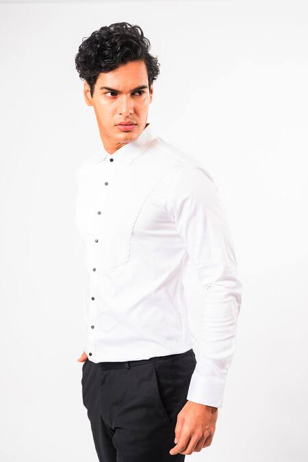 Kalpana Naik_White Cotton V Pintucks Stretch Shirt _Online_at_Aza_Fashions