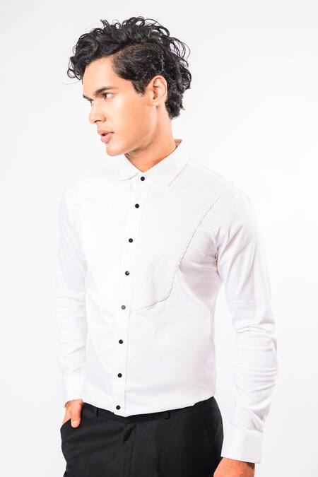 Shop_Kalpana Naik_White Cotton V Pintucks Stretch Shirt _Online_at_Aza_Fashions
