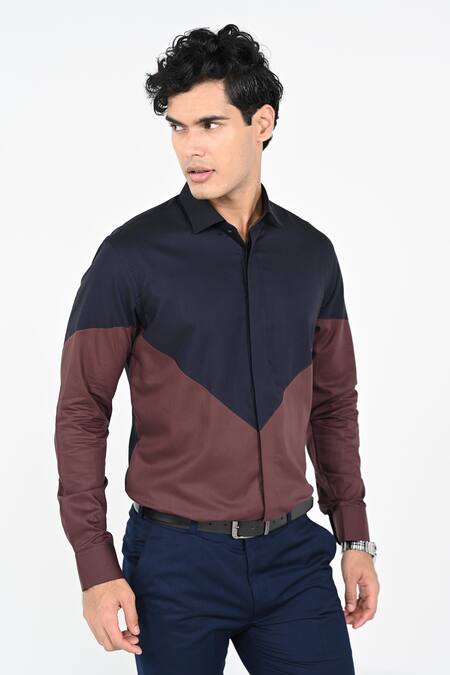 Buy_Kalpana Naik_Brown Cotton Dual Coloured Giza Stretch Shirt _Online_at_Aza_Fashions