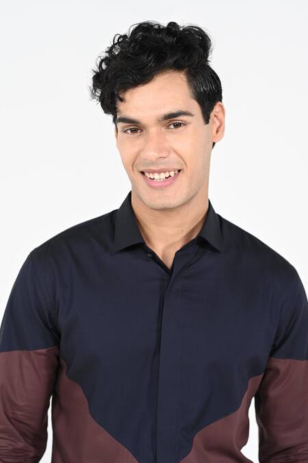 Shop_Kalpana Naik_Brown Cotton Dual Coloured Giza Stretch Shirt _Online_at_Aza_Fashions