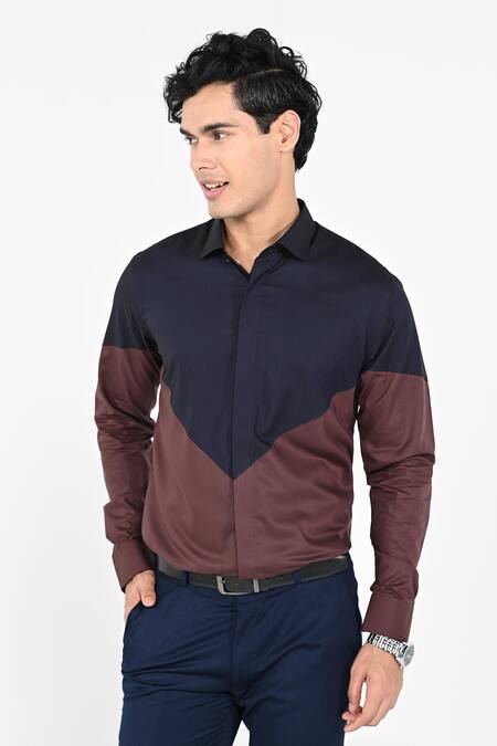 Kalpana Naik_Brown Cotton Dual Coloured Giza Stretch Shirt _at_Aza_Fashions