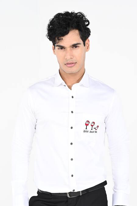Kalpana Naik_White Cotton Embroidery Drink Drank Drunk Shirt _Online_at_Aza_Fashions