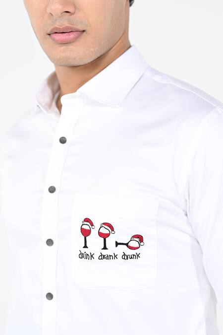 Buy_Kalpana Naik_White Cotton Embroidery Drink Drank Drunk Shirt _Online_at_Aza_Fashions