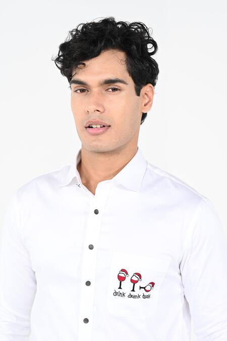 Shop_Kalpana Naik_White Cotton Embroidery Drink Drank Drunk Shirt _Online_at_Aza_Fashions