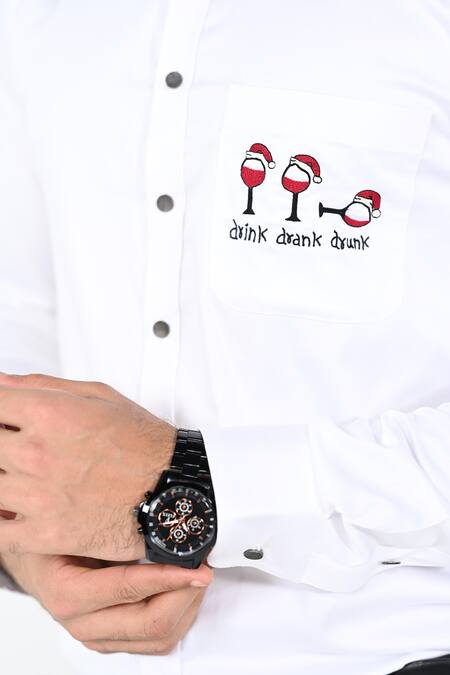 Kalpana Naik_White Cotton Embroidery Drink Drank Drunk Shirt _at_Aza_Fashions