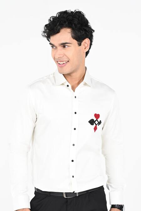 Kalpana Naik_White Cotton Embroidery Poker Chest Motif Hand Shirt _Online_at_Aza_Fashions