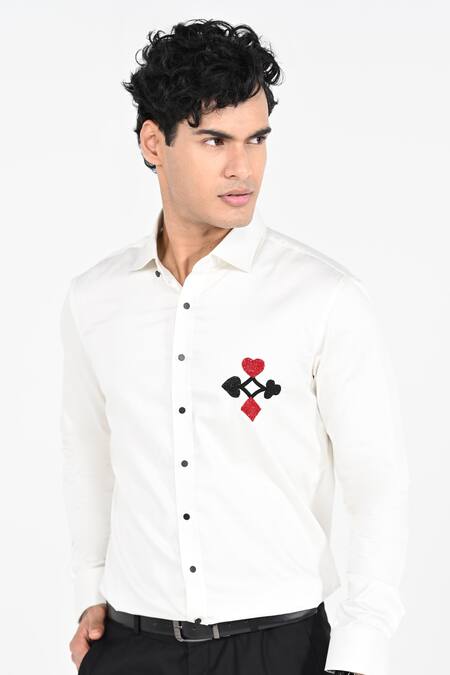 Buy_Kalpana Naik_White Cotton Embroidery Poker Chest Motif Hand Shirt _Online_at_Aza_Fashions