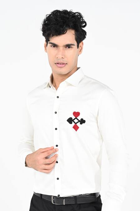 Shop_Kalpana Naik_White Cotton Embroidery Poker Chest Motif Hand Shirt _Online_at_Aza_Fashions