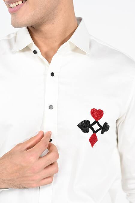 Kalpana Naik_White Cotton Embroidery Poker Chest Motif Hand Shirt _at_Aza_Fashions