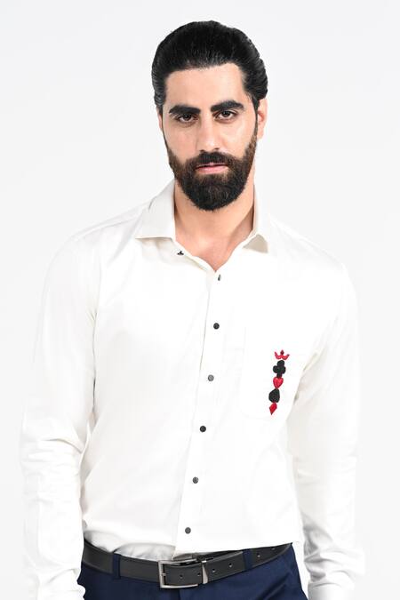 Kalpana Naik_White Cotton Embroidery Poker Motif Thread And Cutdana Shirt _Online_at_Aza_Fashions