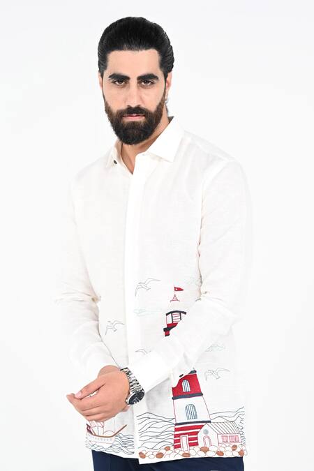 Kalpana Naik_White Cotton Embroidery Oyster Rock Lighthouse Shirt _Online_at_Aza_Fashions