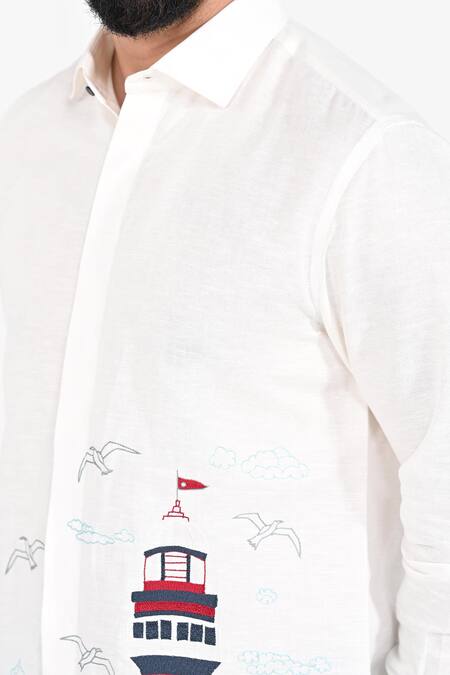Buy_Kalpana Naik_White Cotton Embroidery Oyster Rock Lighthouse Shirt _Online_at_Aza_Fashions