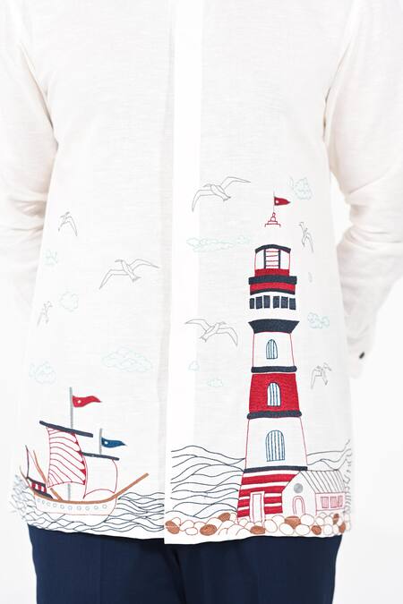 Shop_Kalpana Naik_White Cotton Embroidery Oyster Rock Lighthouse Shirt _Online_at_Aza_Fashions
