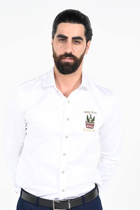 Kalpana Naik_White Cotton Embroidery Beer Bucket Hand Giza Shirt _Online_at_Aza_Fashions