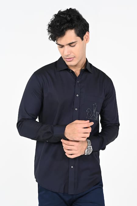 Buy_Kalpana Naik_Navy Cotton Embroidery Chess Cutdana Hand Shirt _Online_at_Aza_Fashions